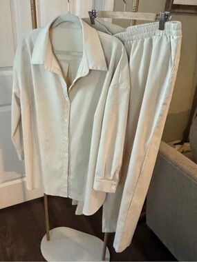 Adia Cream Button-Front Top & Elastic Waist Pants Set